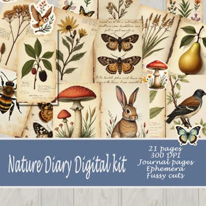 Nature Diary Junk Journal Kit – Vintage Botanical Printable Ephemera, by Valia Craft Studio ,Fussy cuts, Digital Kit Instant Download