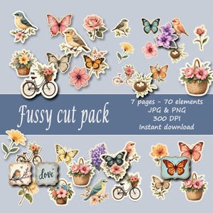 Kit imprimible de 7 páginas con cortes artesanales de estilo rústico, 70 piezas, con imágenes de flores, mariposas y pájaros para diarios basura y collages.