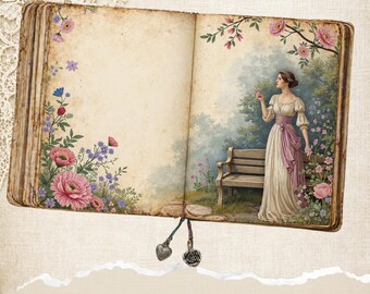 May include: An open book with aged pages, adorned with floral illustrations and a woman in a vintage dress. The image features a bookmark with heart and rose charms. Text at the bottom reads "Her Hopeful Heart digital kit."