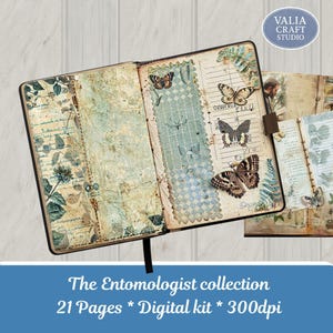 May include: An open journal with vintage-style pages featuring butterfly illustrations and botanical elements. The pages have a distressed, aged appearance with handwritten notes and decorative borders. The journal is part of "The Entomologist collection".