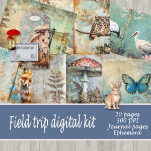 Field trip junk journal digital Kit-Printable ephemera and pages, Valia Craft Studio. Field Notes Flora and fauna Nature Journal