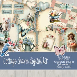 Cottage Charm Junk Journal kit- Printable Cottagecore Digital kit,Valia Craft Studio, Cottagecore papers, ephemera, fussy cuts.