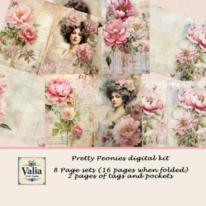 Pretty Peonies Junk Journal Kit – Digital Printable Journal Pages, Pink Peonies Ephemera, Vintage Ladies, Valia Craft Studio