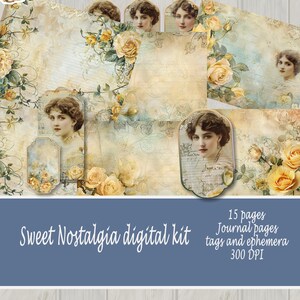 Sweet Nostalgia Junk Journal kit-Printable Pretty Yellow Roses and vintage ladies Junk Journal Digital Kit Instant download