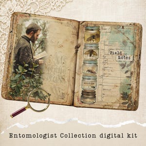 Könnte beinhalten: Ein offenes Vintage-Buch mit einem lesenden Mann, einer Lupe und Gläsern mit Insekten. Der Text "Entomologist Collection digital kit" steht unten. Das Buch enthält handschriftliche Notizen und Illustrationen.