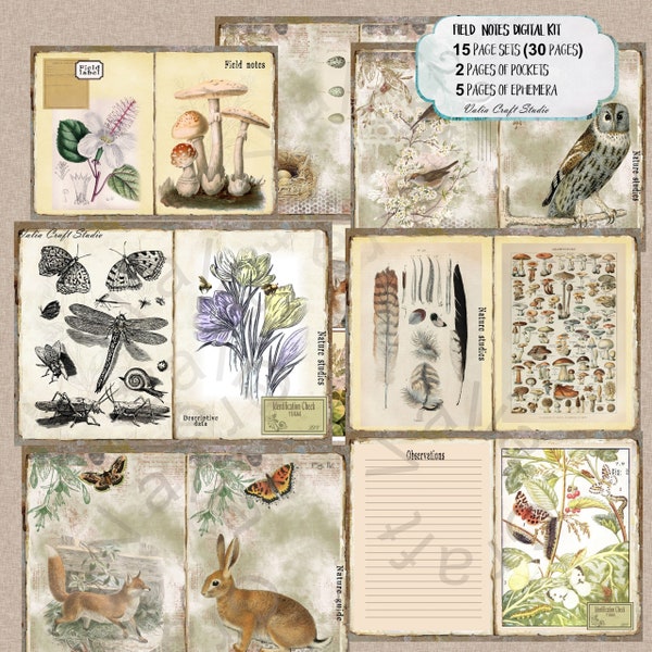 Digital kit, Field notes digital Kit, Printable, Valia Craft Studio, Instant download, Junk journal kit, flora & fauna, Edith Holden style