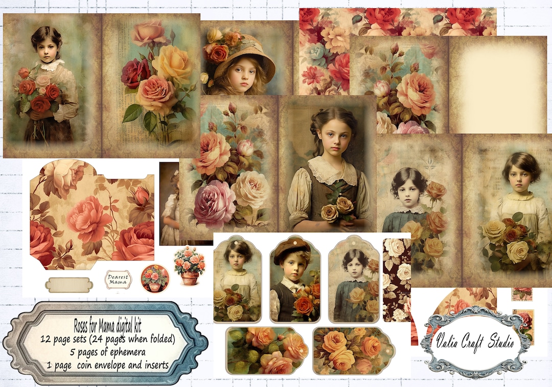 Junk Journal, Roses for Mama Digital Kit, Printable Paper, Valia Craft