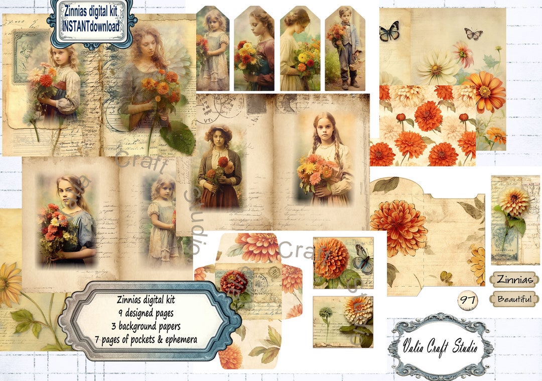 Junk Journal, Zinnias Digital Kit, Printable Paper, Instant Download