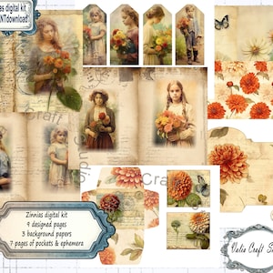 Kit numérique de journal Zinnias - Feuilles et pages éphémères imprimables Téléchargement instantané Journal des ordures ménagères Zinnia Belles dames éphémères Zinnia