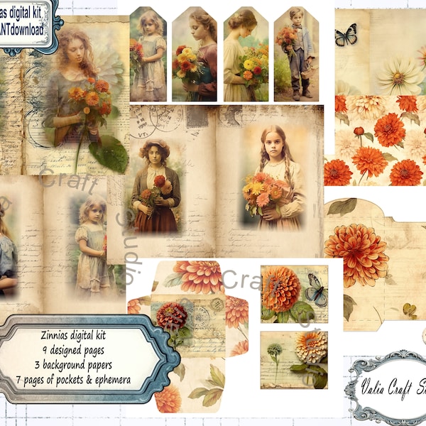 Junk journal, Zinnias digital kit, printable paper, Instant download, Valia Craft Studio, zinnias, Pretty regency girls and women.