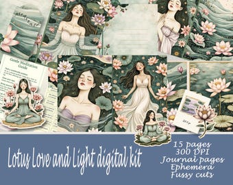 Lotus Meditation Junk Journal Kit: Digital Ephemera, Fussy Cuts (Digital Download)