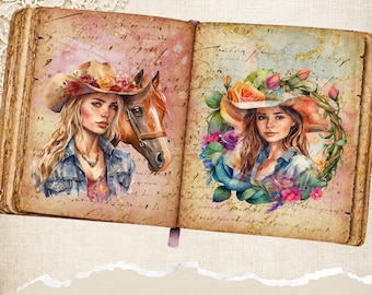 Kit de diario creativo estilo vaquera bohemia, caballos, flores, efímeros imprimibles (descarga digital)