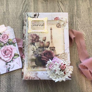 Vintage Paris Junk Journal – Unique handmade journal,Paris,  Eiffel Tower Theme, Soft Feminine Roses