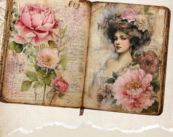 Kit para Diário de Arte com Peônias: Elementos Decorativos Vintage Femininos (Download Digital)