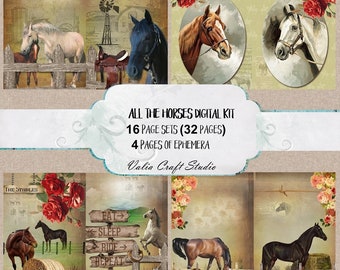 Könnte beinhalten: Digitaler Collage-Bogen mit Bildern von Pferden, Rosen und einem Vintage-Schild mit der Aufschrift "Essen, Schlafen, Reiten, Wiederholen". Der Bogen trägt den Titel "All The Horses Digital Kit" und enthält 16 Seiten-Sets (32 Seiten) und 4 Seiten mit Ephemera.