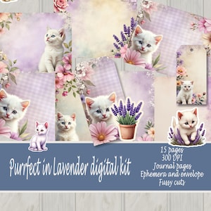 Purrfect in Lavender Junk Journal Kit – Pastel Kittens & Florals, Printable Ephemera, Tags, Pockets, Lavender Tones,  Digital Kit