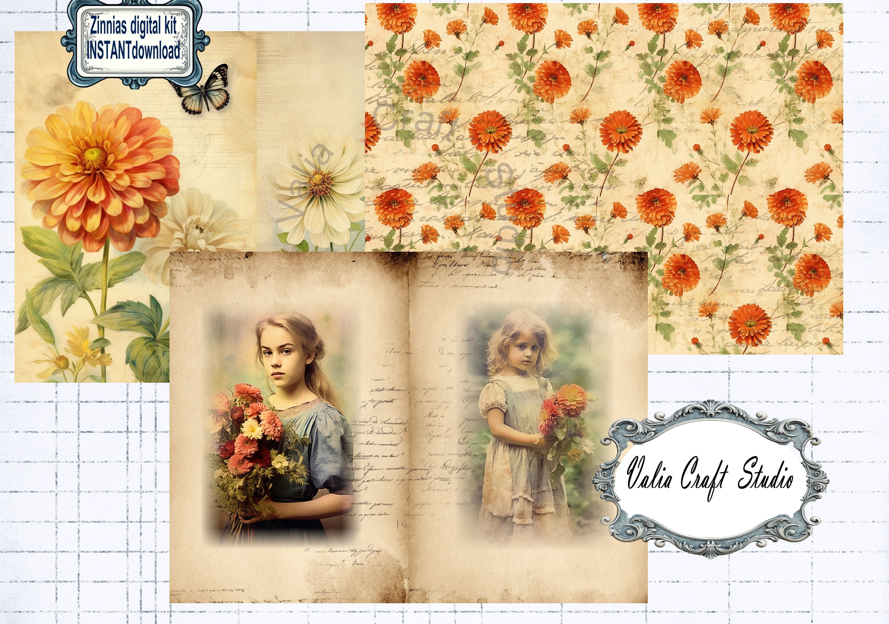 Junk Journal, Zinnias Digital Kit, Printable Paper, Instant Download