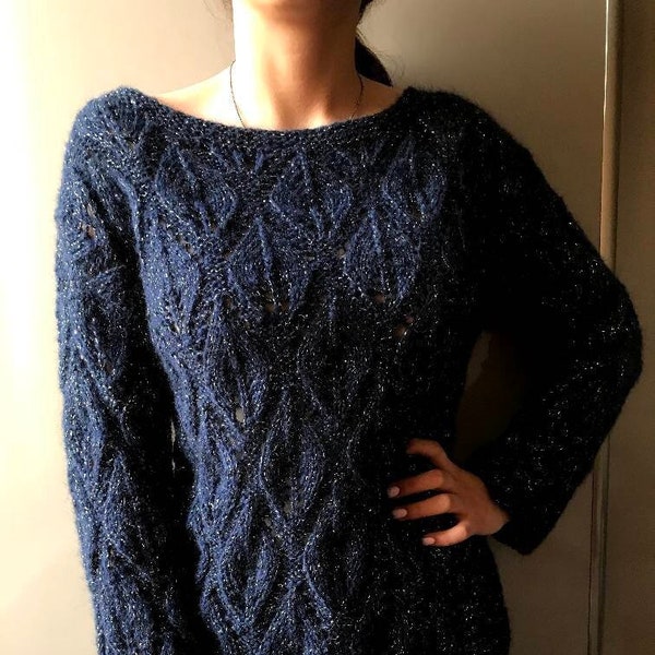 Handgemachte Strick blau silber Pullover mit Pailletten Garn edel Winter Mode Herbst handgemachte gestrickte Bluse Oversize Bluse häkeln Abdeckung funkeln