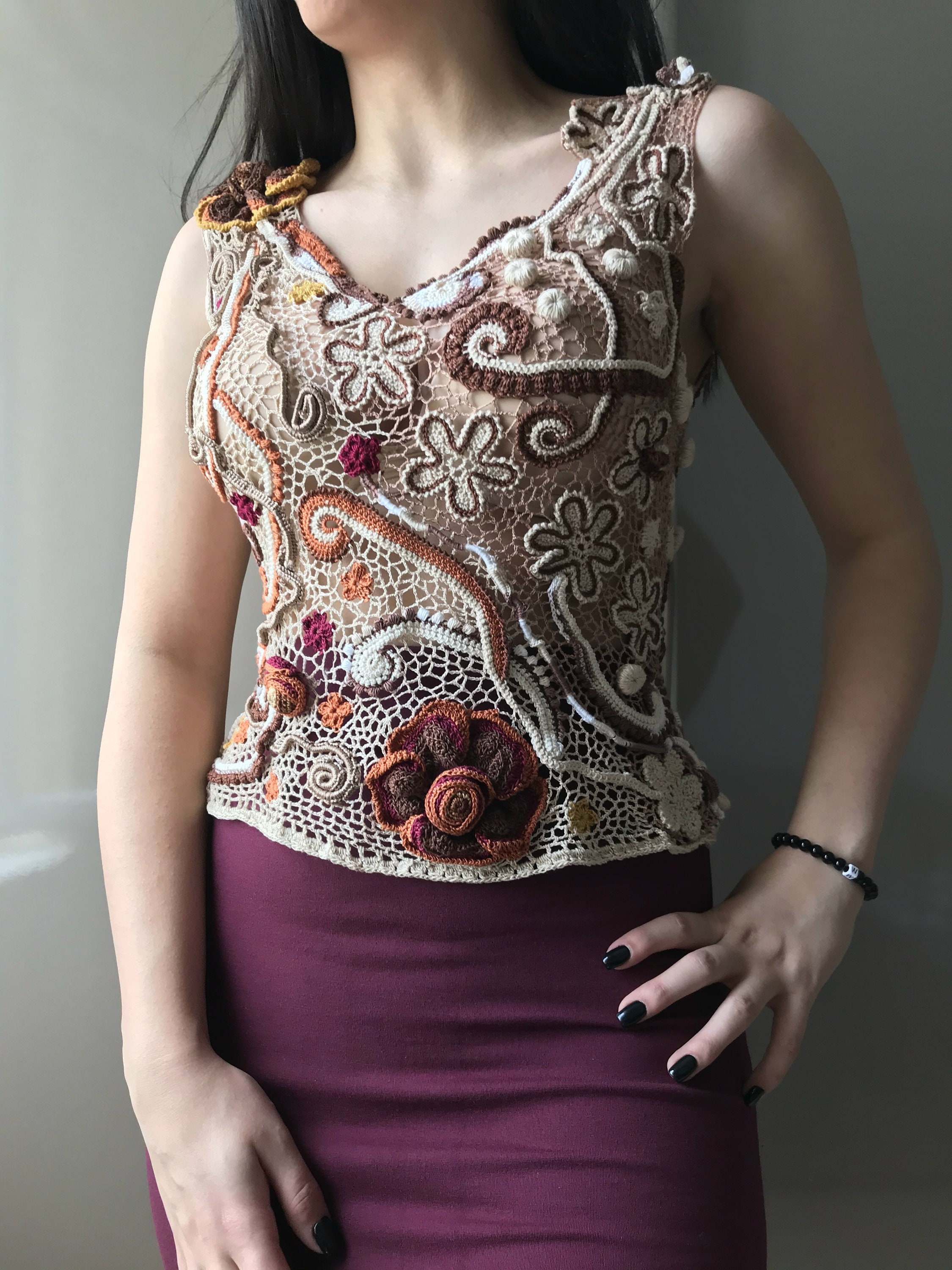 Blusa de ganchillo irlandesa hecha a mano chica encaje y - Etsy España