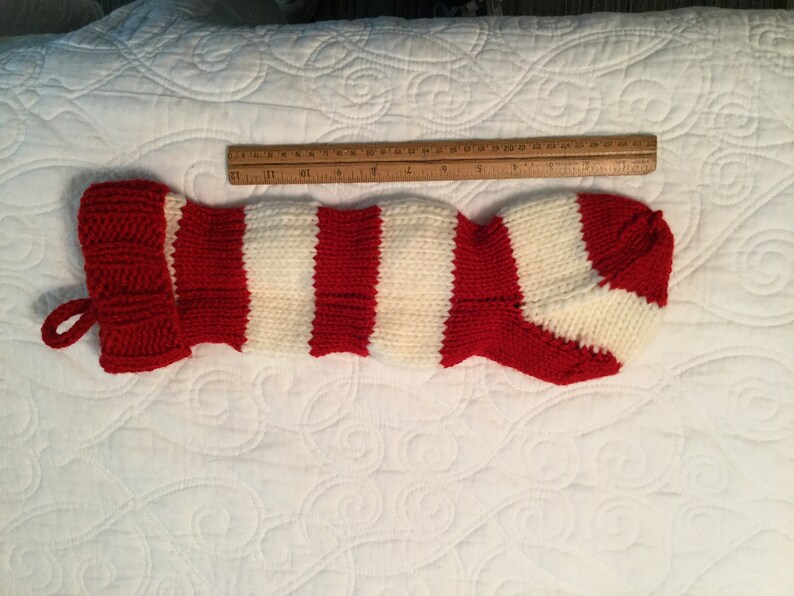 creme red gift handmade Handknit Christmas Stocking medium decor stripe