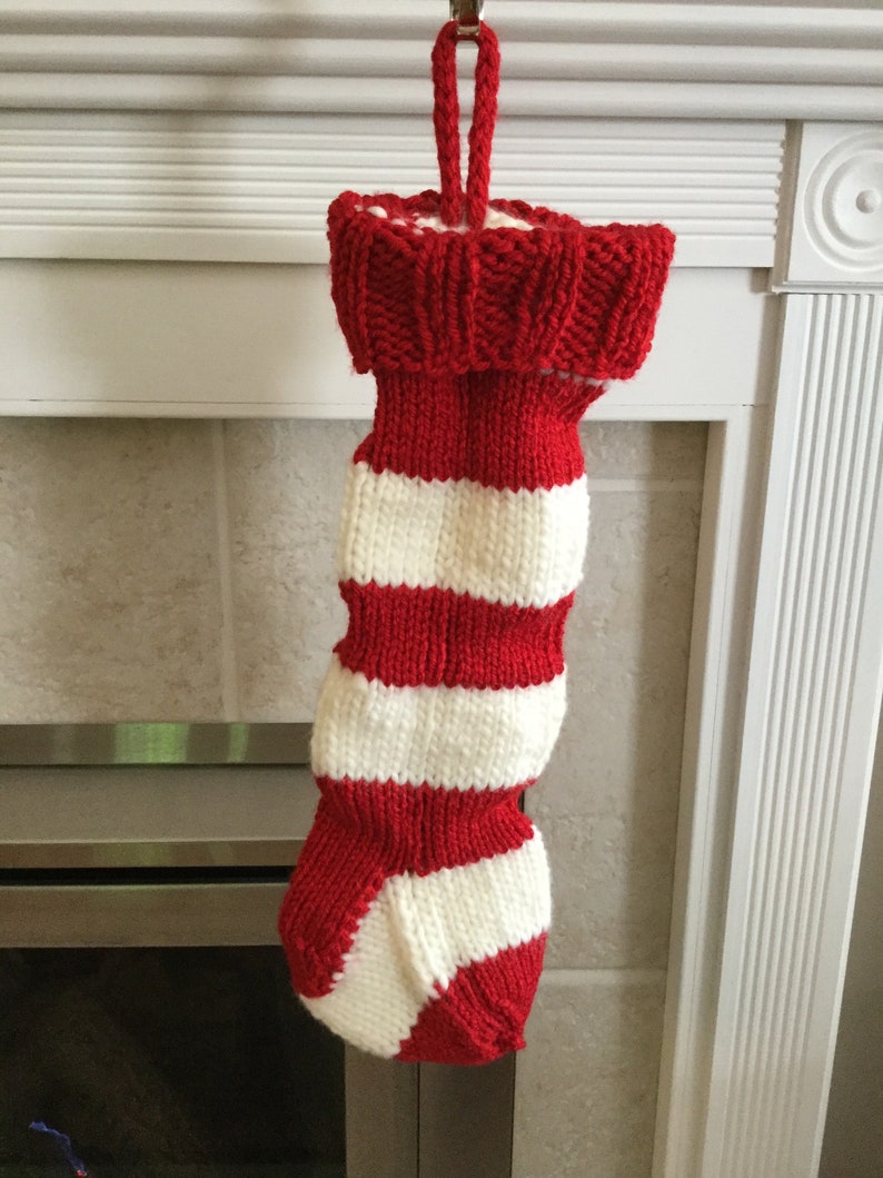 creme red gift handmade Handknit Christmas Stocking medium decor stripe