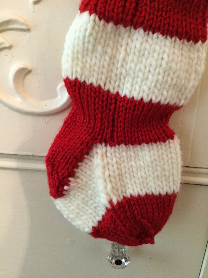 creme red gift handmade Handknit Christmas Stocking medium decor stripe