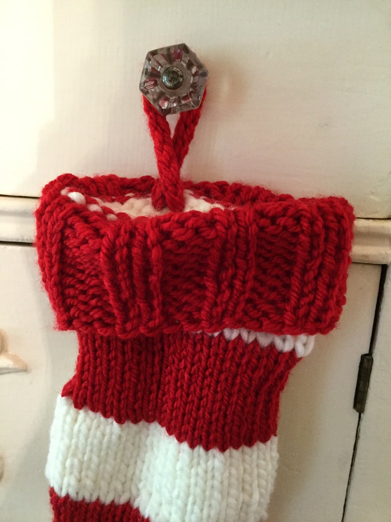 creme red gift handmade Handknit Christmas Stocking medium decor stripe