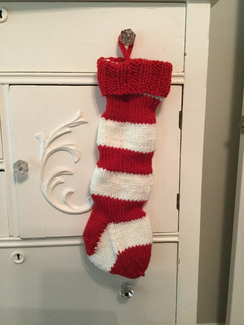 creme red gift handmade Handknit Christmas Stocking medium decor stripe