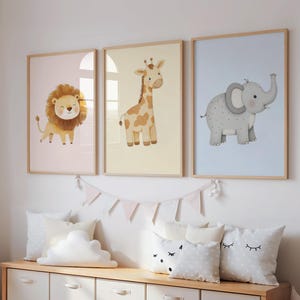 Safari Animals Wall Art | Set of 3 Prints | Lion Giraffe Elephant Nursery Decor