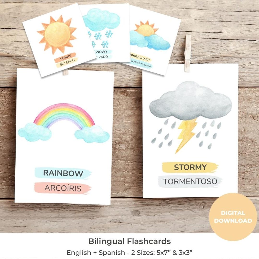 Bilingual Weather Flashcards | English + Spanish | El Tiempo Cards for ...