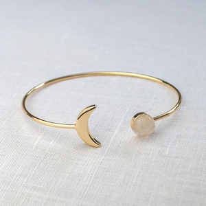 Bangle with real rainbow moonstone & crescent moon, brass cuff, Easter, Mother's Day, gift for her