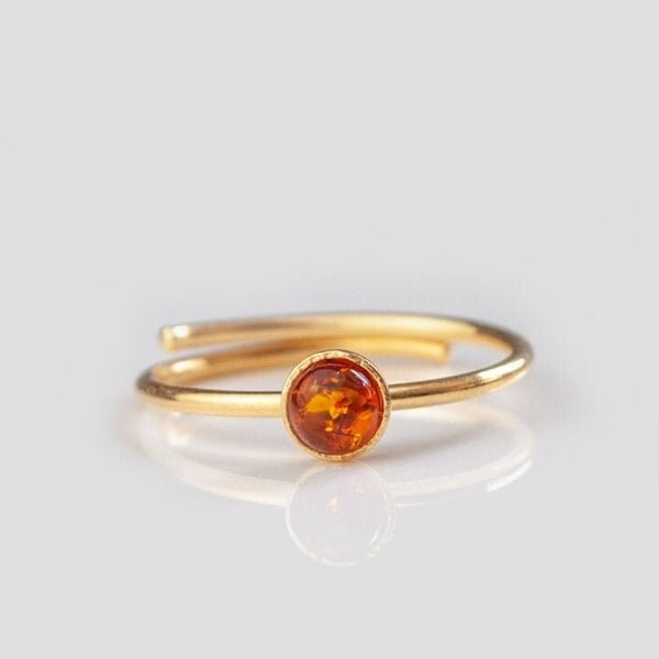 Amber 925 silver ring sustainable • real gemstone round rose gold • stacking ring adjustable • jewelry gift for her Mother's Day Easter