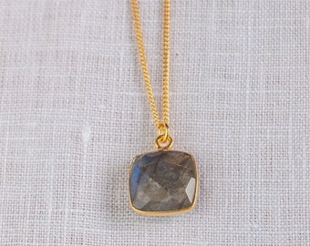 925 silver chain with real labradorite pendant, necklace with square pendant, everyday jewelry, layering chain