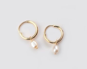 Mini Hoop Pearl Earrings 925 Silver • Real Gemstone 14k Rose Gold • Birthstone Hoop Earrings • Bridal Jewelry Wedding Gift Mother's Day