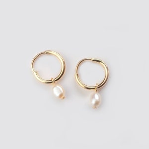 Mini Hoop Pearl Earrings 925 Silver • Real Gemstone 14k Rose Gold • Birthstone Hoop Earrings • Bridal Jewelry Wedding Gift Mother's Day