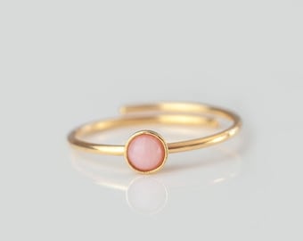 Pink opal 925 silver ring sustainable • real gemstone round rose gold • stacking ring adjustable • birthstone October jewelry gift for her