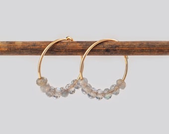 15 mm hoop earrings labradorite pearl earrings 925 silver • genuine gemstone 14k rose gold • birthstone hoop earrings • Mother's Day jewelry gift