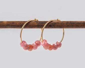 15 mm hoop earrings rhodochrosite pearl earrings 925 silver • genuine gemstone 14k rose gold • birthstone hoop earrings • Mother's Day gift for her