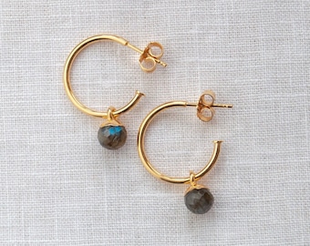 17.5 mm hoop earrings with real labradorite pendant made of 925 silver or gold-plated, sustainable jewelry, gift for Valentine's Day