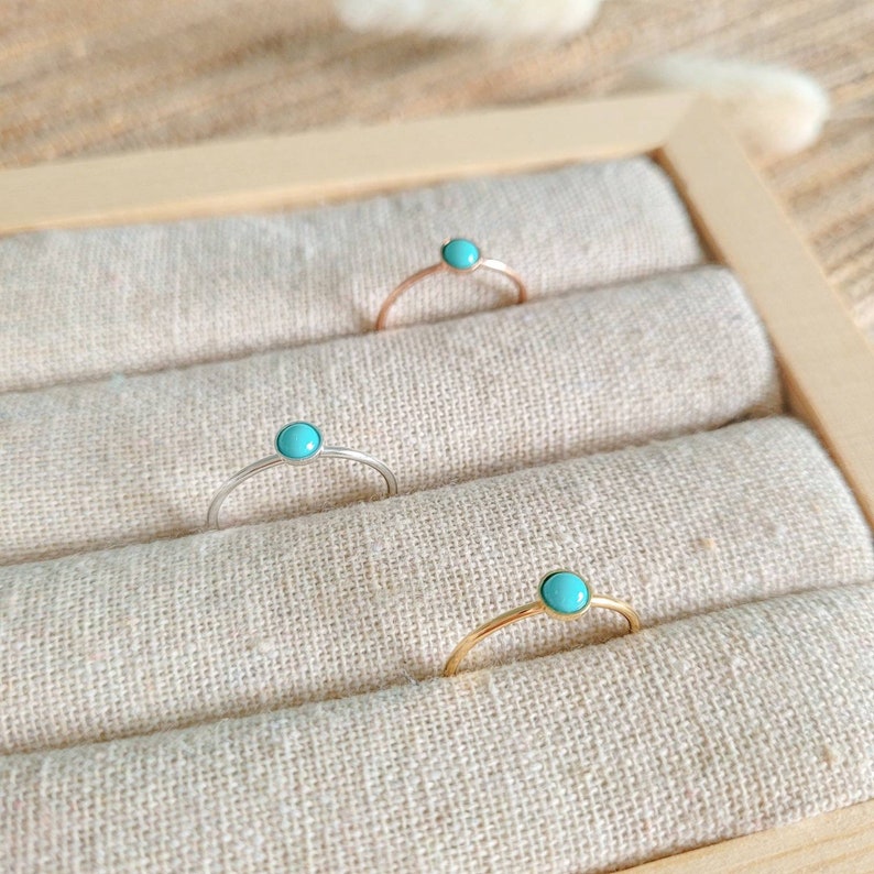 size adjustable ring gold plated or rose plated 925 sterling silver Stacking ring with real turquoise birthstone December