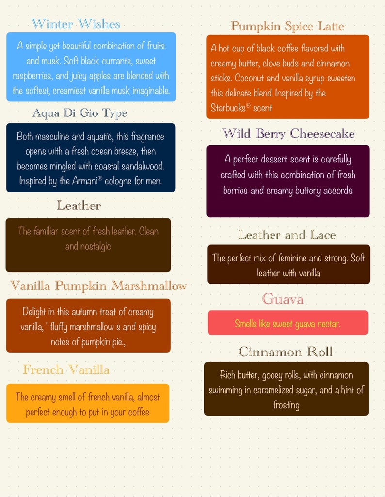 Puede incluir: Un gr&aacute;fico colorido con diez aromas diferentes, cada uno con un nombre descriptivo y una breve descripci&oacute;n. Los aromas incluyen Winter Wishes, Aqua Di Gio Type, Leather, Vanilla Pumpkin Marshmallow, French Vanilla, Pumpkin Spice Latte, Wild Berry Cheesecake, Leather and Lace, Guava y Cinnamon Roll.