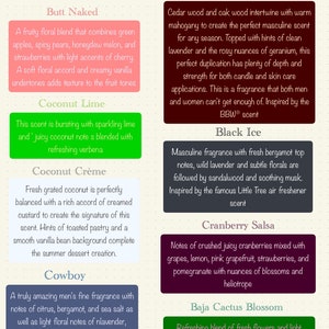 Puede incluir: Una lista de aromas con descripciones para cada uno. Los aromas son: Butt Naked, Coconut Lime, Coconut Creme, Cowboy, Mahogany Teakwood, Black Ice, Cranberry Salsa, Baja Cactus Blossom.