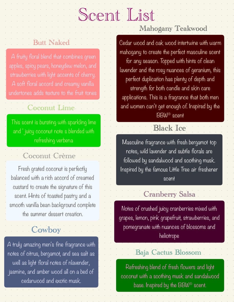 Puede incluir: Una lista de aromas con descripciones para cada uno. Los aromas son: Butt Naked, Coconut Lime, Coconut Creme, Cowboy, Mahogany Teakwood, Black Ice, Cranberry Salsa, Baja Cactus Blossom.