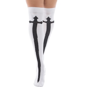 white Long Socks, Thigh High Socks Cotton Over the Knee Socks  white and black cross for women