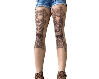 Women's Sheer Tattoo effect tights with 3 skulls | A Skeleton tights | Available in plus size tights