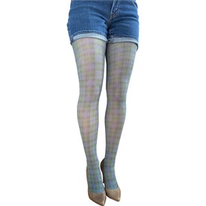 Green and Blue Plaid Patterned Tights | Women&#39;s Opaque Print Pantyhose | Available in Plus Size | Gift for Her