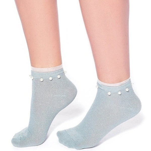 Blue Cotton Glittery Ankle Socks with Pearls and frill  | Cute ankle socks, perfect gift for girls!