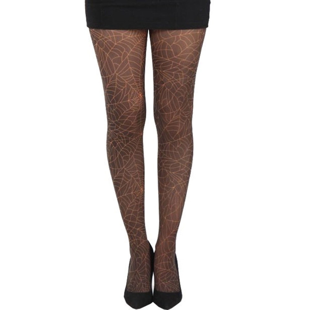 Black Orange Spider Web Tights For Women