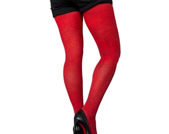 Red Tights with spider web all over the legs |  Tights for Halloween outfits ! From small sizes to plus size.