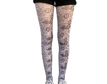 black and white stamps patterned tights for women